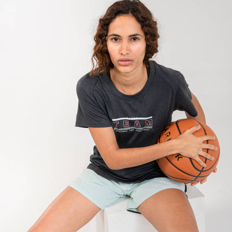 T-Shirt Basket Menengah Wanita TS500 - Abu-abu Gelap/Team