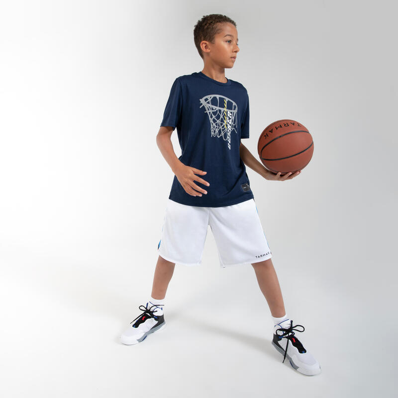 兒童男女通用款籃球 T恤／運動衫 TS500 Fast－海軍藍灌籃圖案