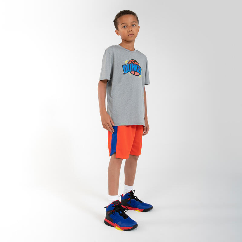 兒童男女通用款籃球 T 恤 TS500 Fast－淺灰色灌籃圖案