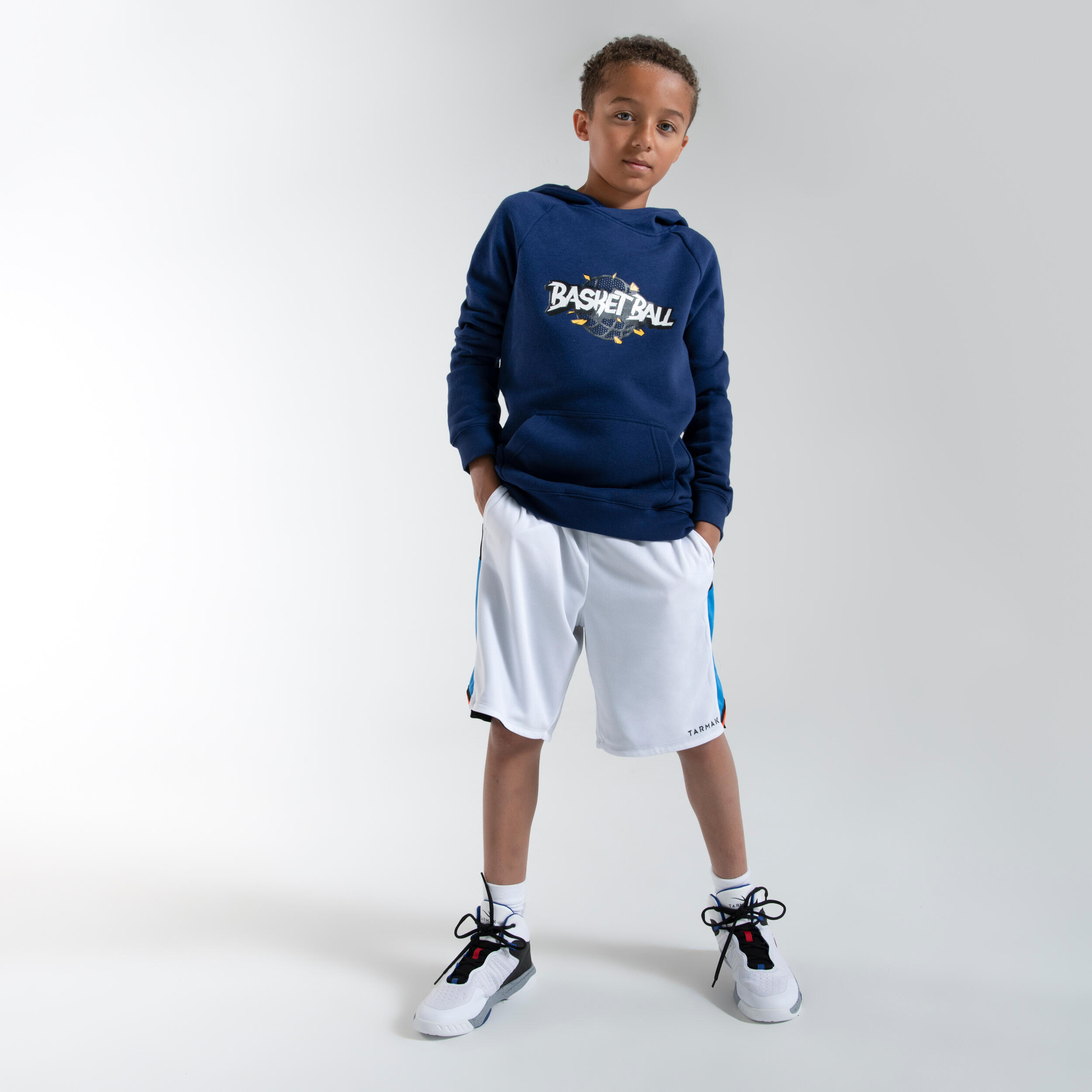 Kids' Reversible Basketball Shorts SH500R - White/Black/Orange 4/5