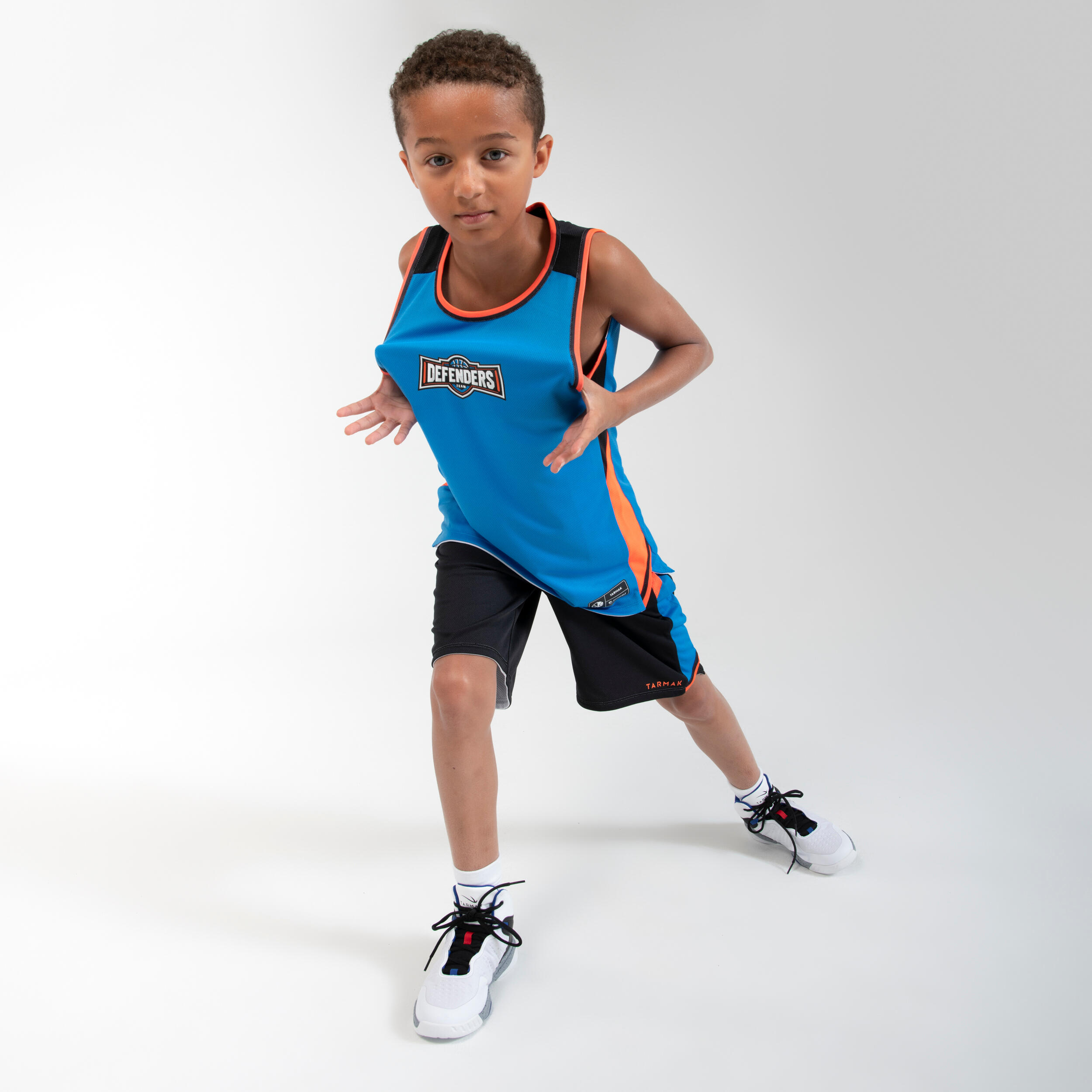 Kids' Reversible Sleeveless Basketball Jersey T500R - Blue/White/Orange 6/8