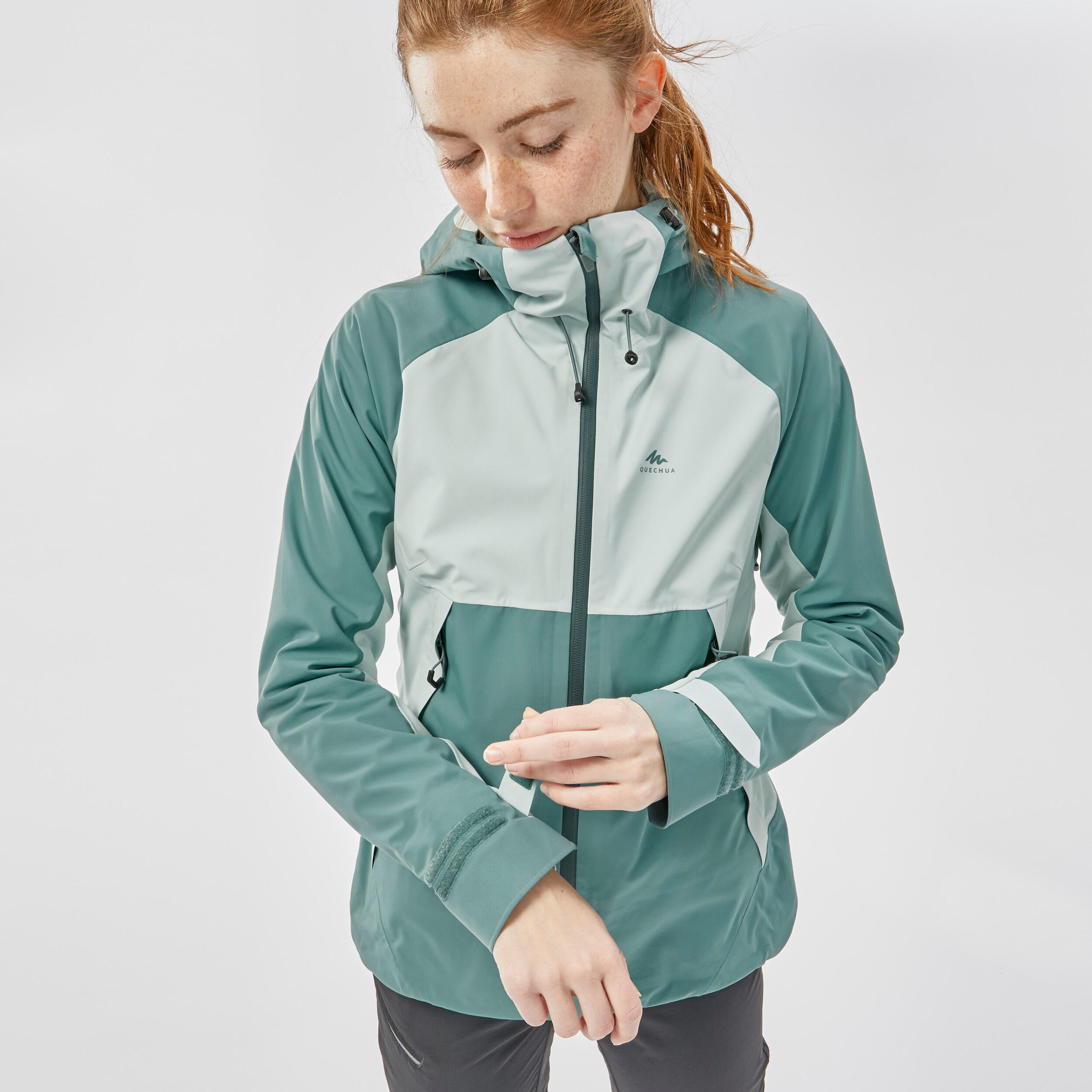 Manteau de randonnee impermeable femme MH 500 CDre Gel Vert Quechua Decathlon