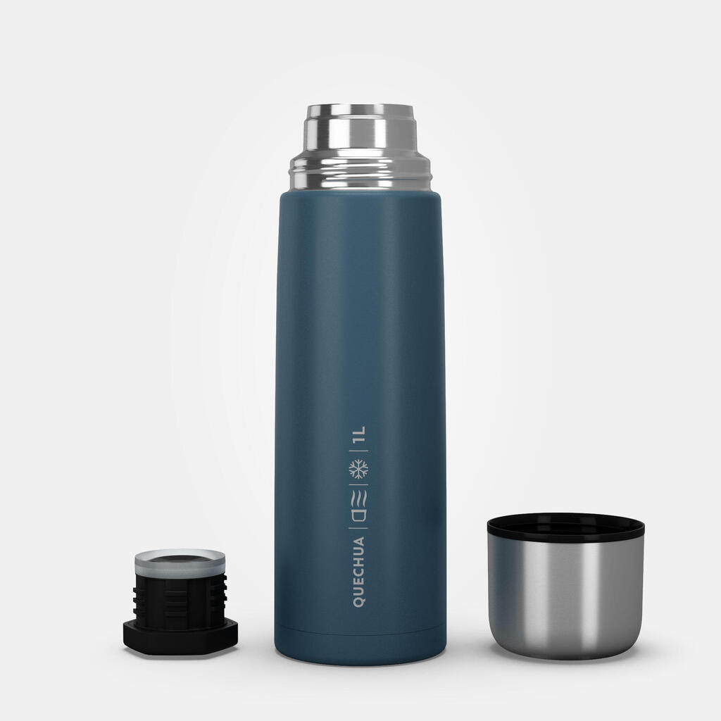 Botella isotérmica inox 1L con vaso para senderismo - azul 