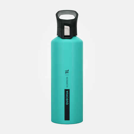 Aluminium 1 L flask with quick opening cap for hiking - Green