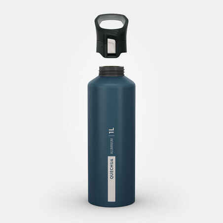 Aluminium 1 L water bottle with quick opening cap for hiking - Blue