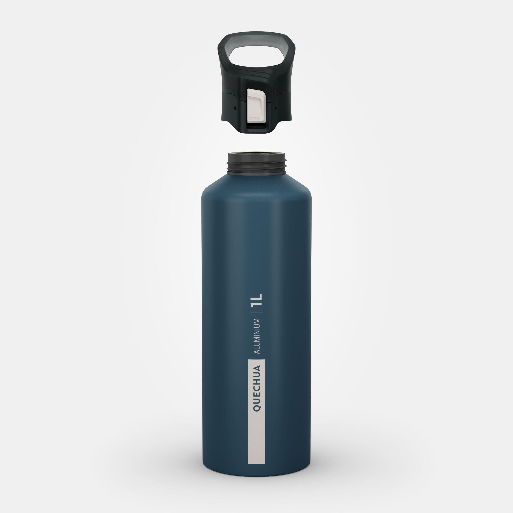 1L aluminium water bottle with quick-release cap for hiking - blue