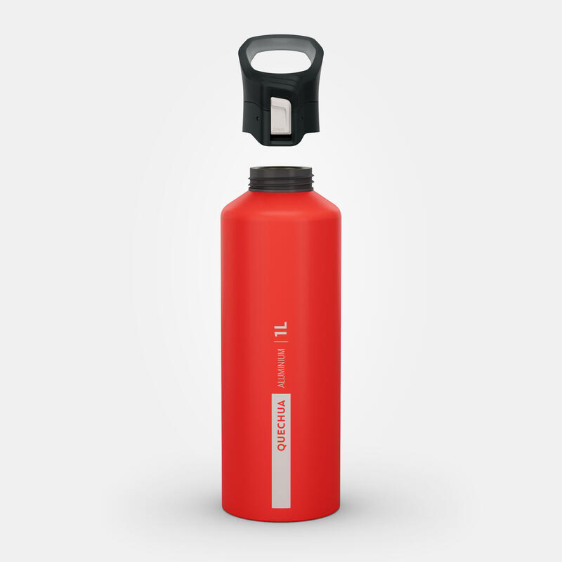 Drinkfles met sneldop voor wandelen gerecycleerd aluminium MH500 1 liter rood