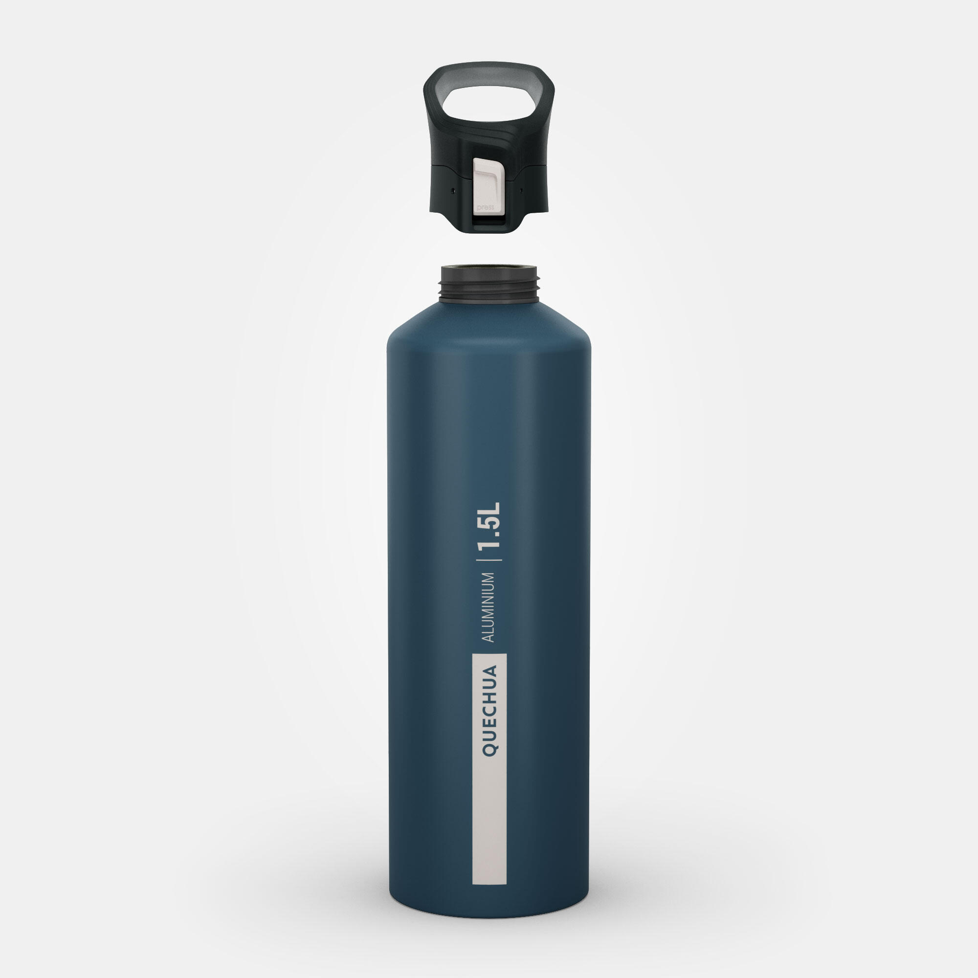 1.5L aluminium water bottle with quick-release cap for hiking blue