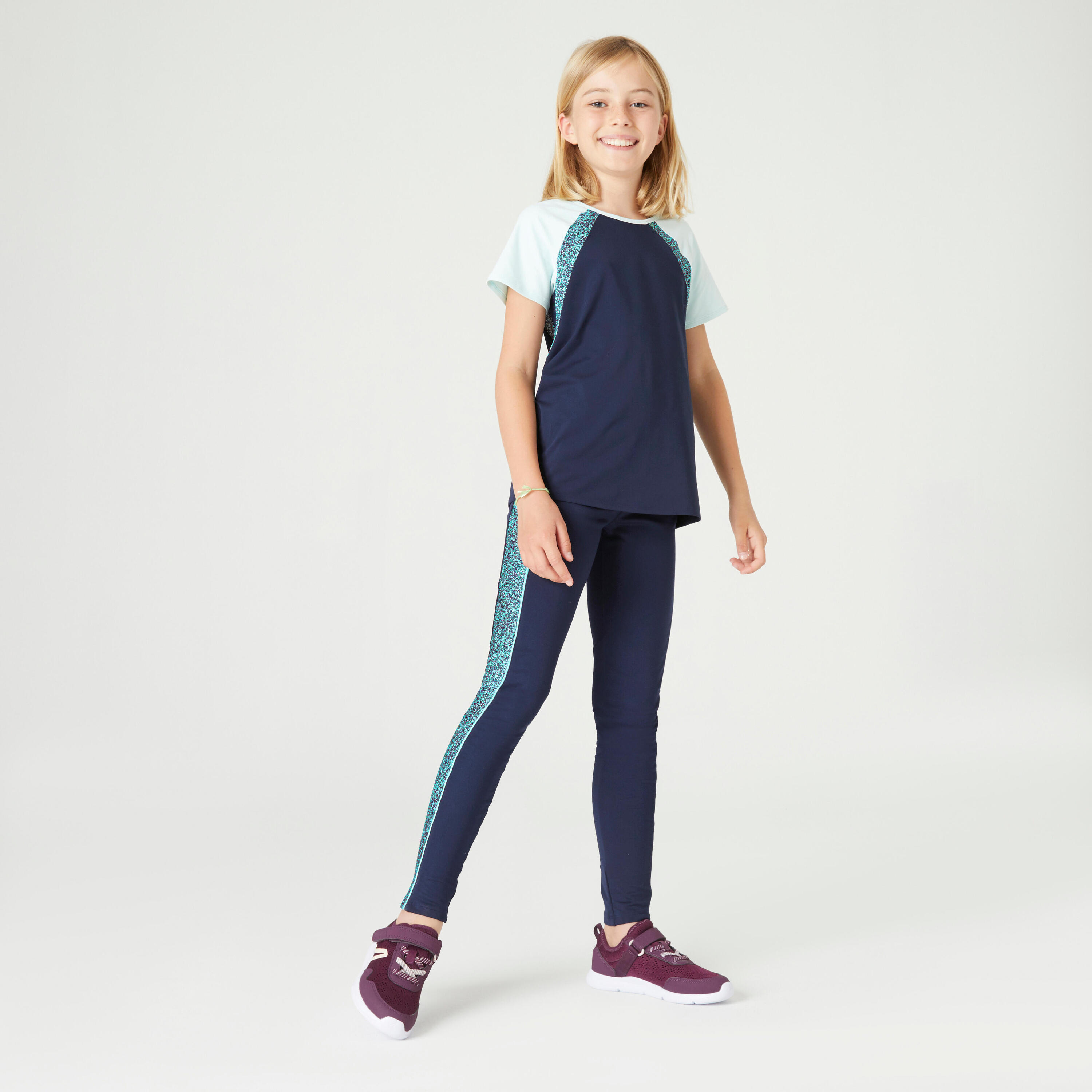 Girls' High-Waisted Pocket Leggings S500 - Navy / Print 5/5