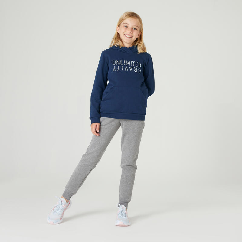 Felpa bambina ginnastica 500 misto cotone con cappuccio blu