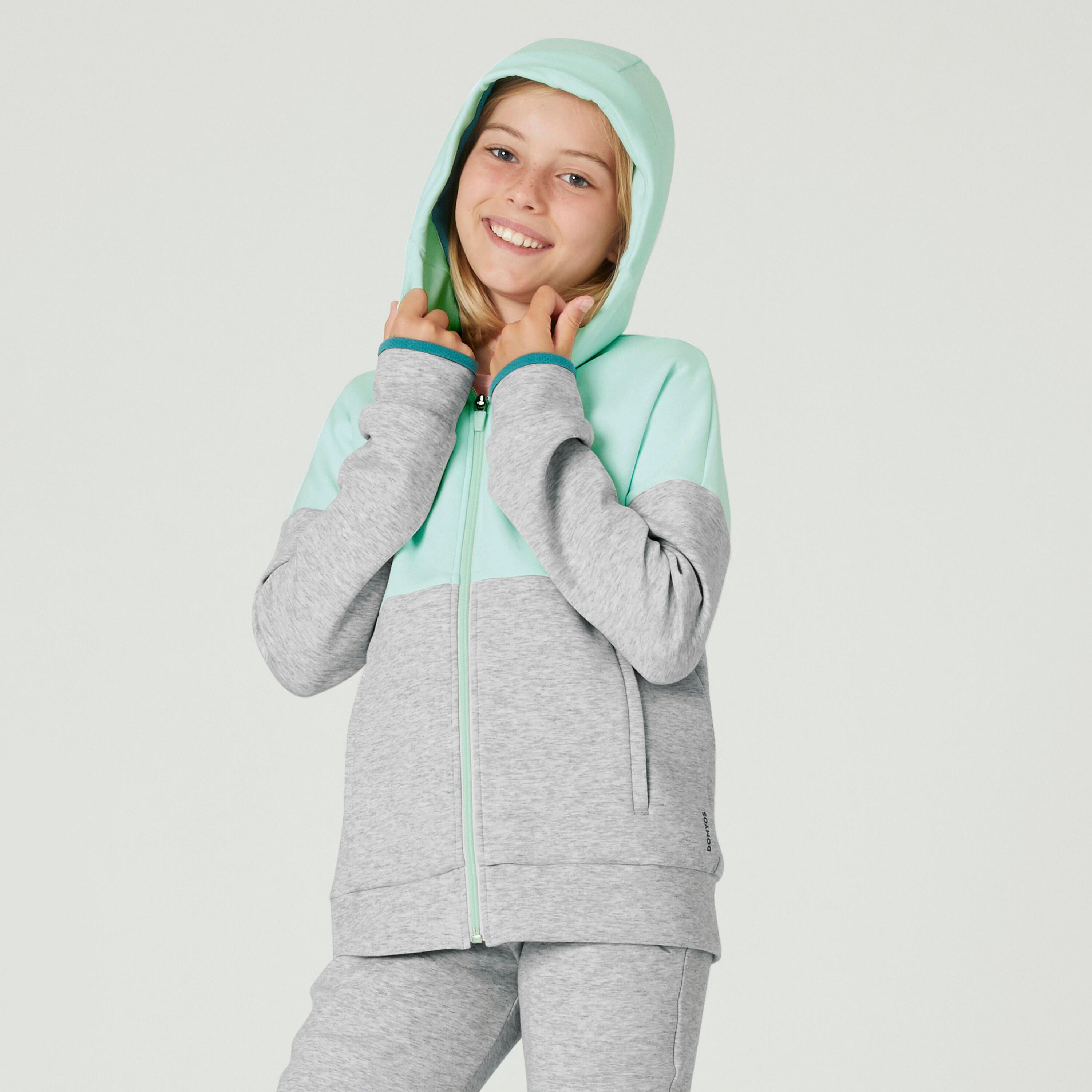 Kids' Breathable Zip-Up Cotton Hoodie 900 - Green/Light Grey Marl 2/5