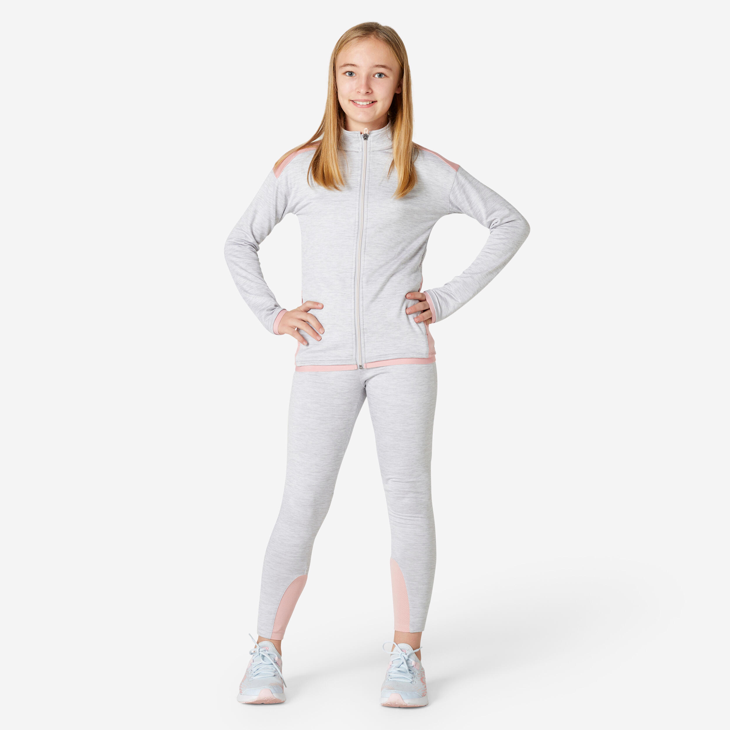 Kids' Breathable Synthetic Tracksuit S500 - Light Mottled Grey/Pink 1/9