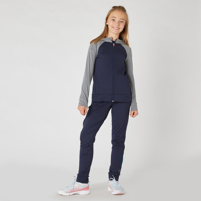 Warme ademende hoodie met rits voor meisjes S500 marineblauw en lichtgrijs