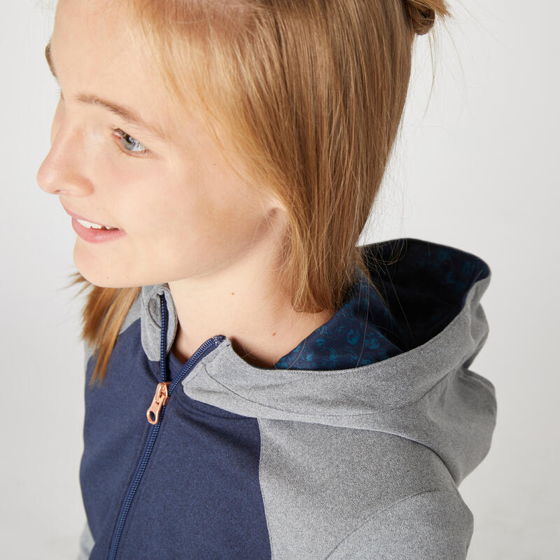 Warme ademende hoodie met rits voor meisjes S500 marineblauw en lichtgrijs