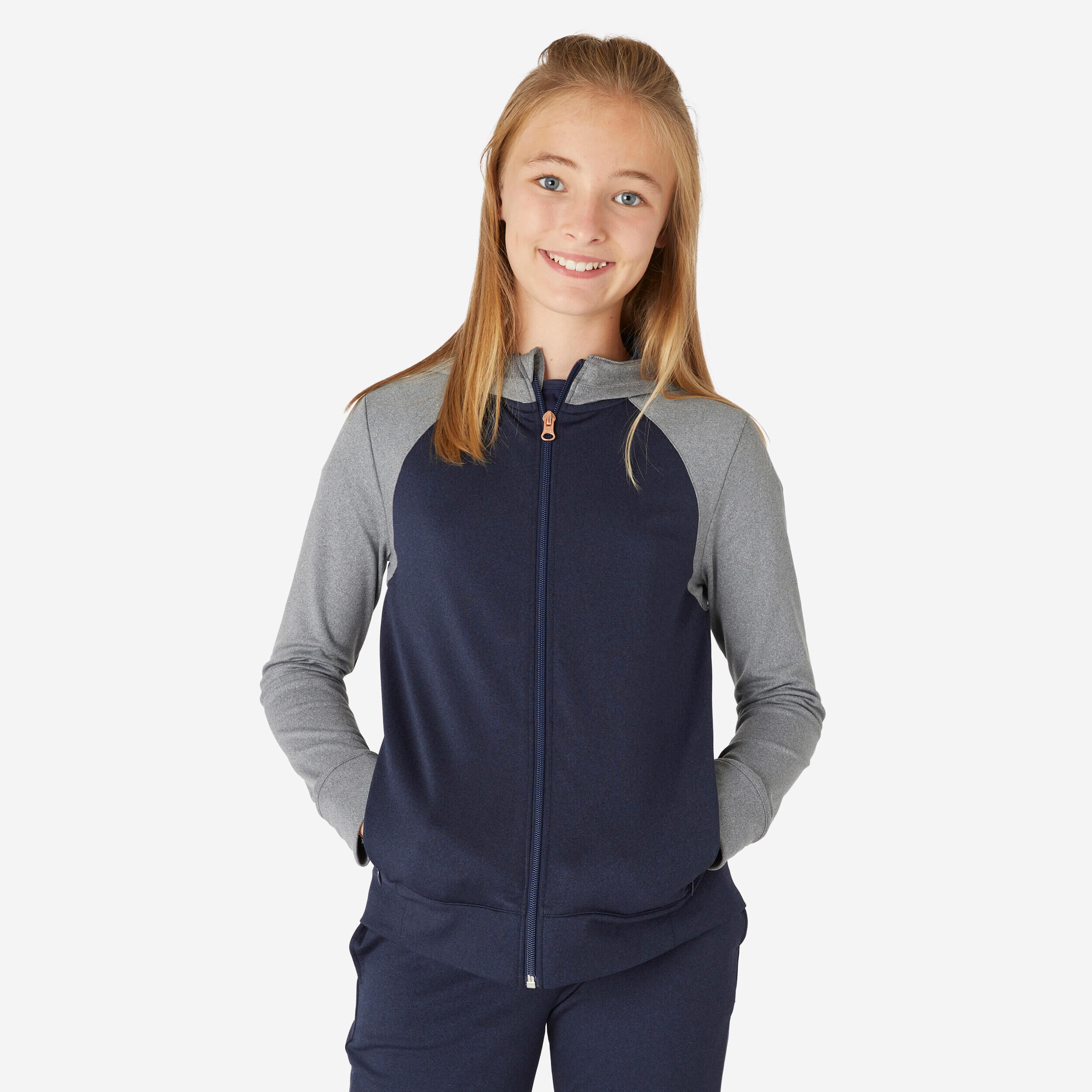 DOMYOS Girls' Warm Breathable Gym Jacket S500 - Navy/Light Grey