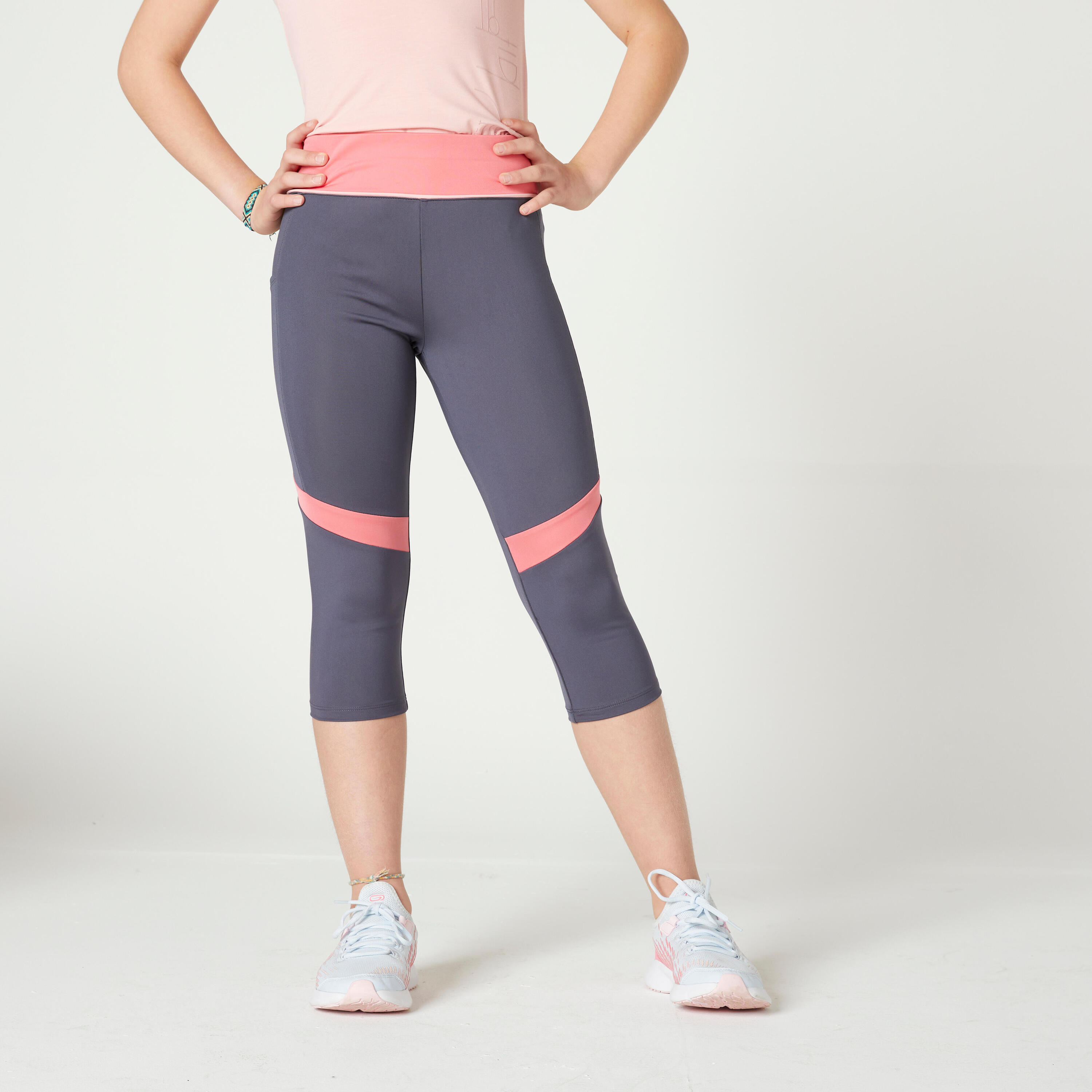 Girls' Breathable Cropped Bottoms S500 - Grey/Pink 1/4