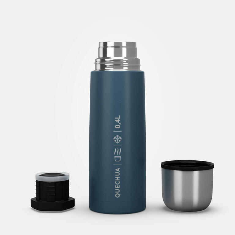 Blue insulated stainless steel bottle with cup and stopper