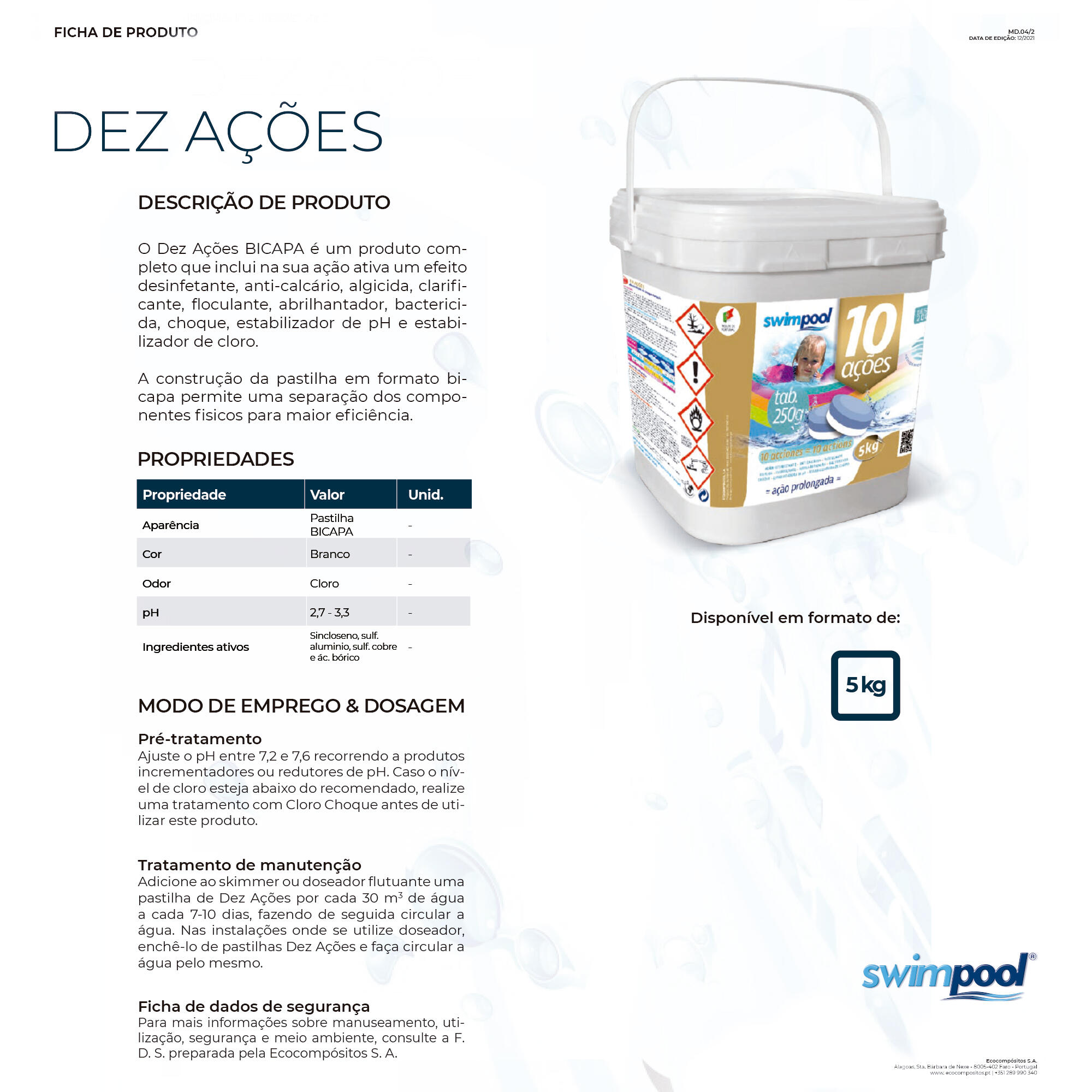 Cloro 10 acções 5Kg Swimpool 2/2