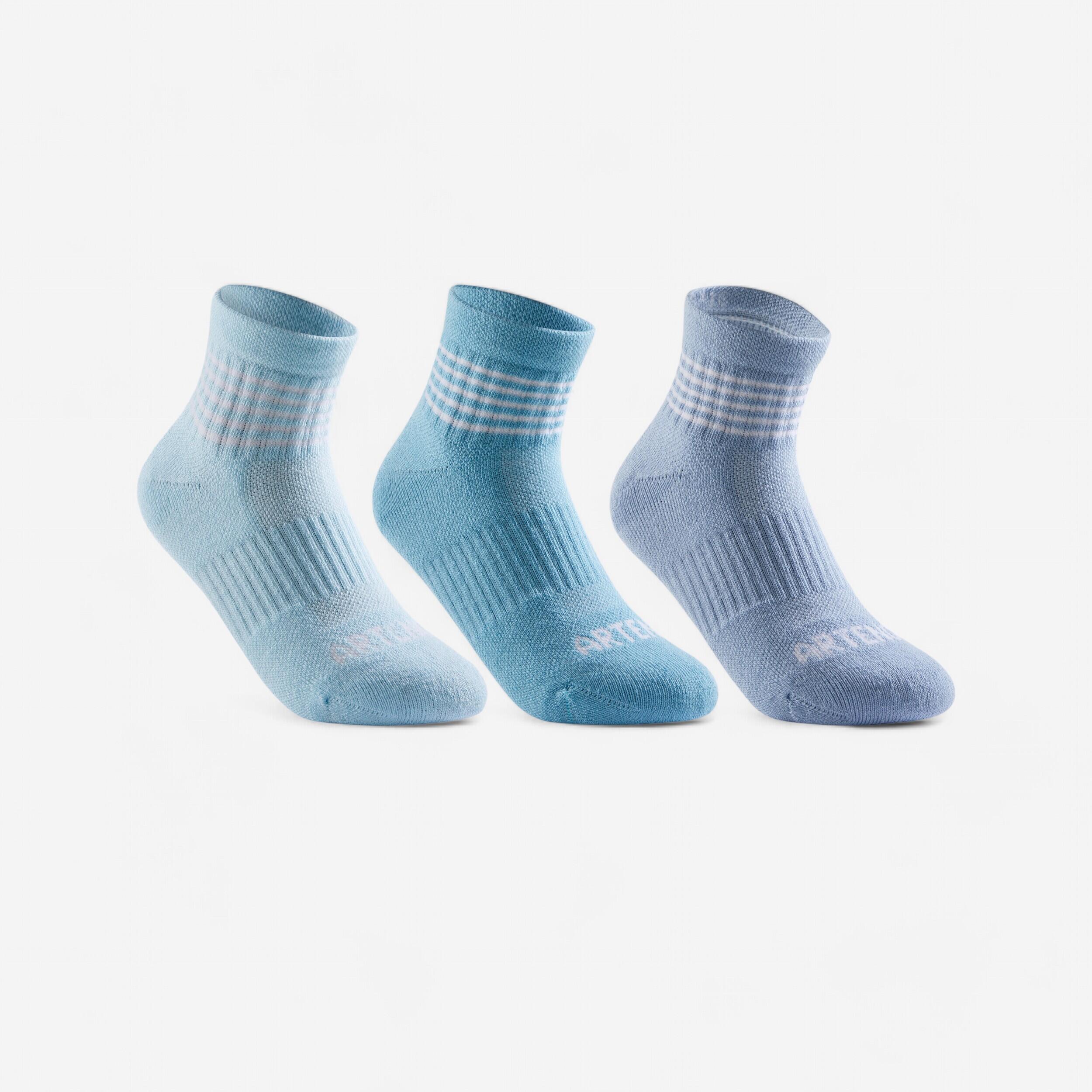 CHILDREN'S HALF-HEIGHT SPORTS SOCKS ARTENGO RS 500 BLUE LINES PACK OF 3