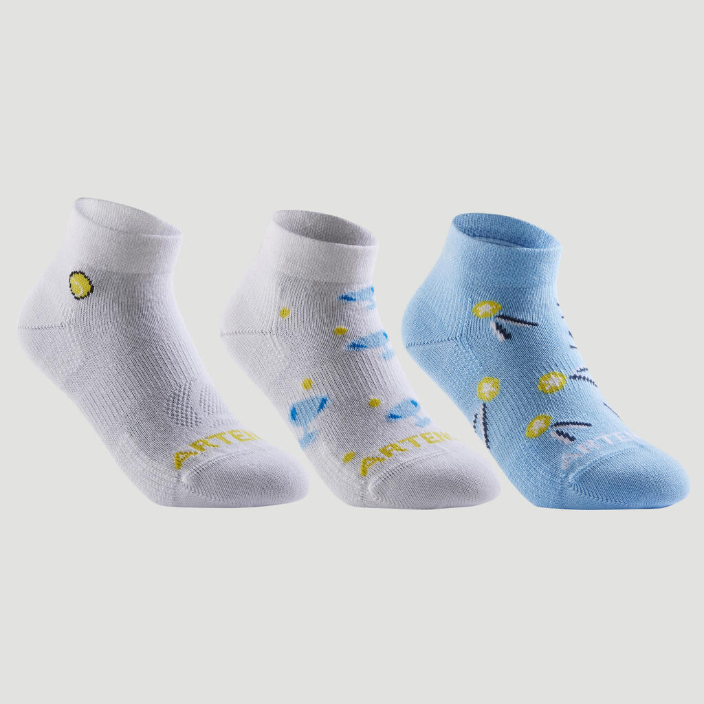 CHAUSSETTES DE SPORT ENFANT MI-HAUTES ARTENGO RS 160  BLANC  BLEU LOGO LOT DE 3@