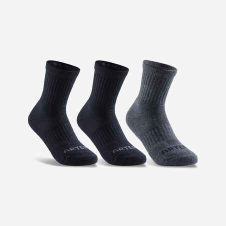 Čarape za sportove s reketom 500 visoke dječje crno-sive 3 para