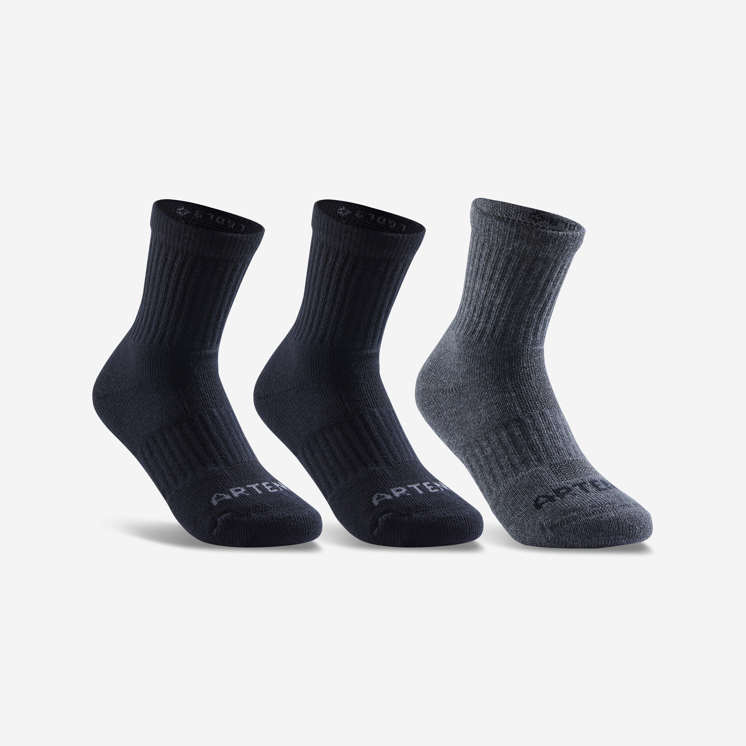 CHILDREN'S HIGH SPORTS SOCKS ARTENGO RS 500 BLACK GRAY SET OF 3