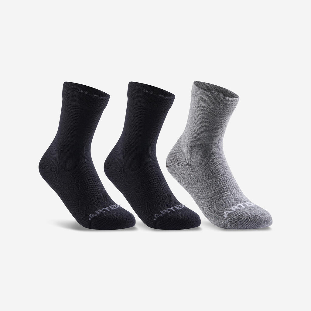 CHAUSSETTES DE SPORT ENFANT HAUTES ARTENGO RS 160 NOIR GRIS LOT DE 3