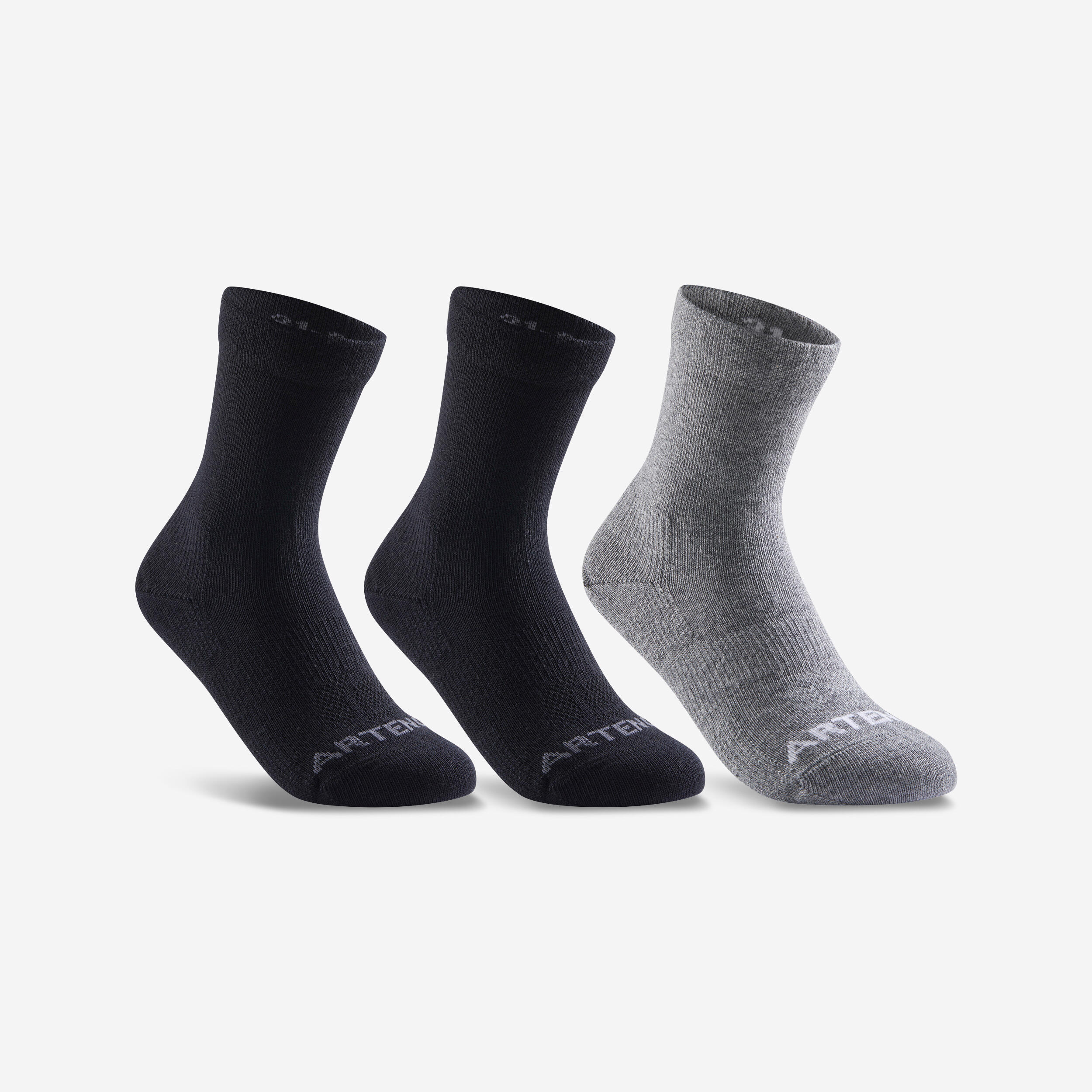 CHILDREN'S HIGH SPORTS SOCKS ARTENGO RS 160 BLACK GRAY SET OF 3