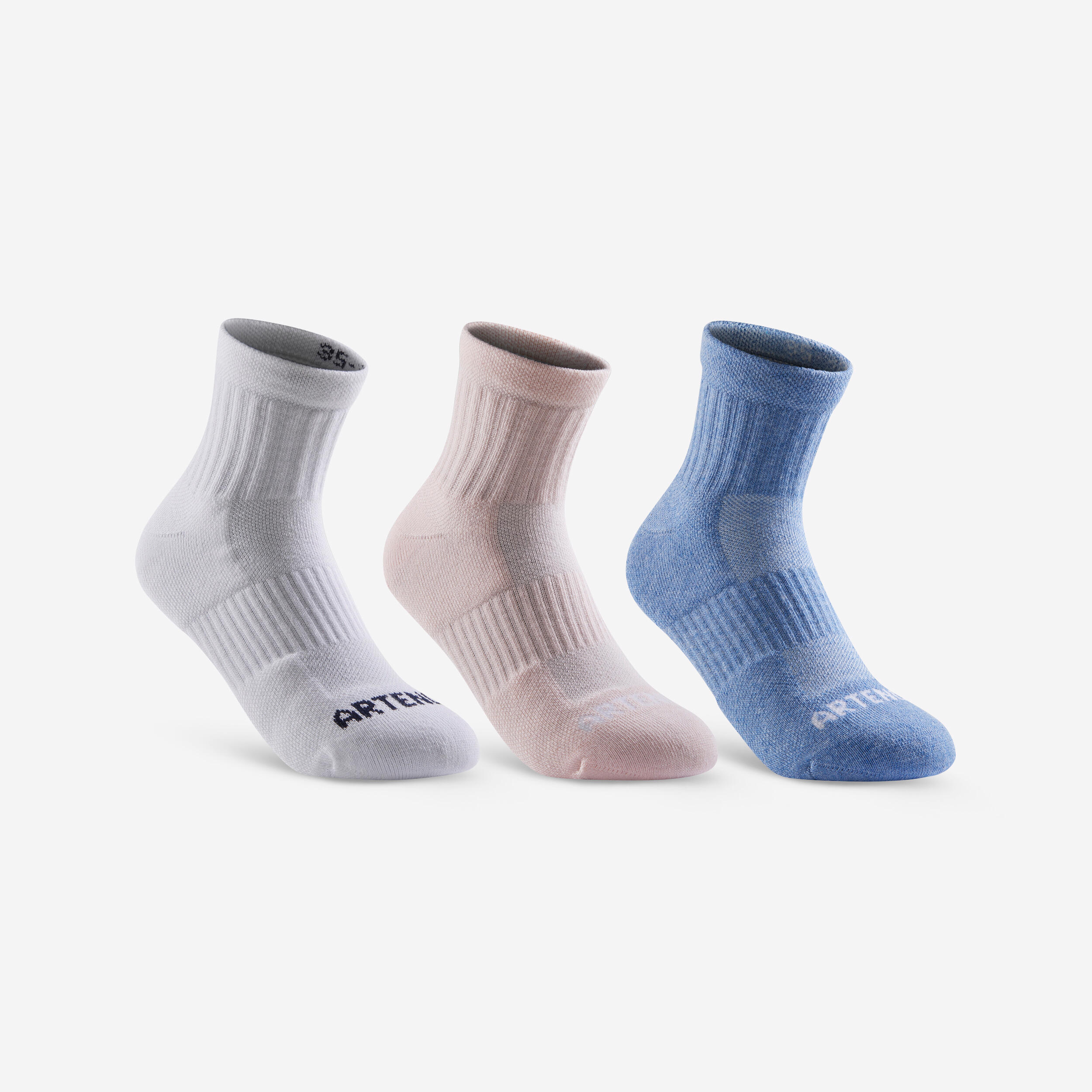 CHILDREN'S HALF-HEIGHT SPORTS SOCKS ARTENGO RS 500 PINK WHITE BLUE SET OF 3