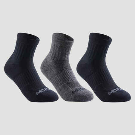 Kids' Mid-Rise Cotton Socks RS 500 Tri-Pack - Black/Black/Grey