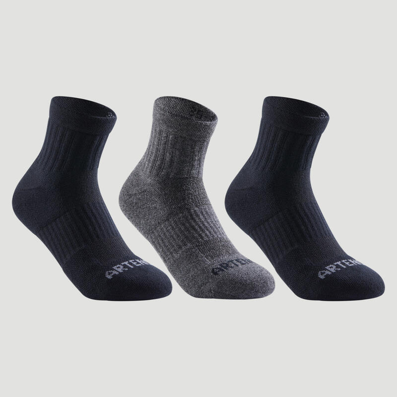 Çocuk Tenis Çorabı - Orta Boy Konçlu - 3  Çift - Siyah / Gri - RS500