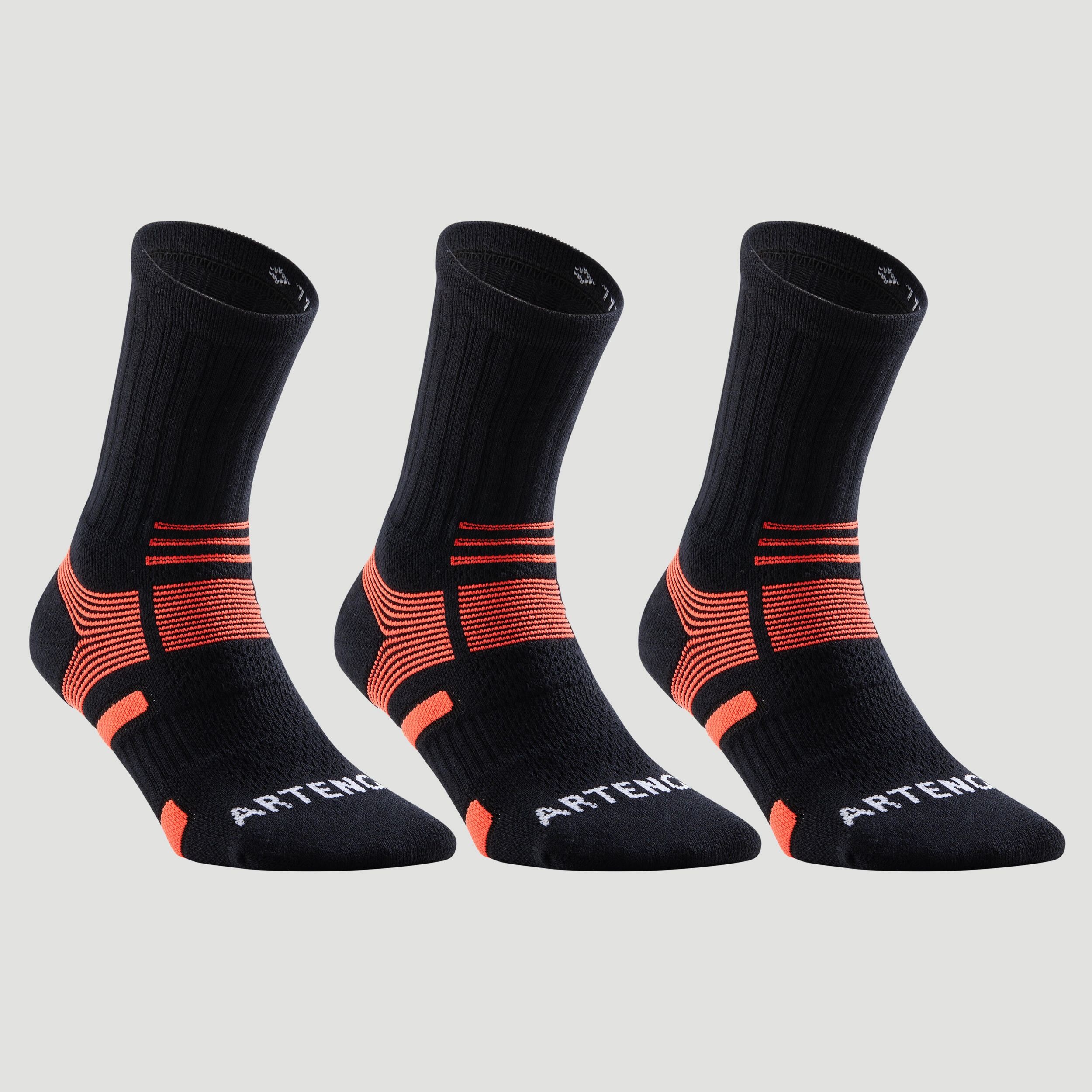 RS 560 High Rise Sports Socks Tri Pack Black Orange Decathlon