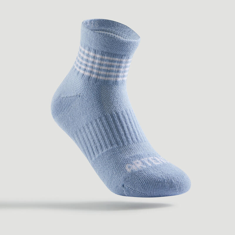 CHAUSSETTES DE SPORT ENFANT MI-HAUTES ARTENGO RS 500 BLEU LIGNES LOT DE 3