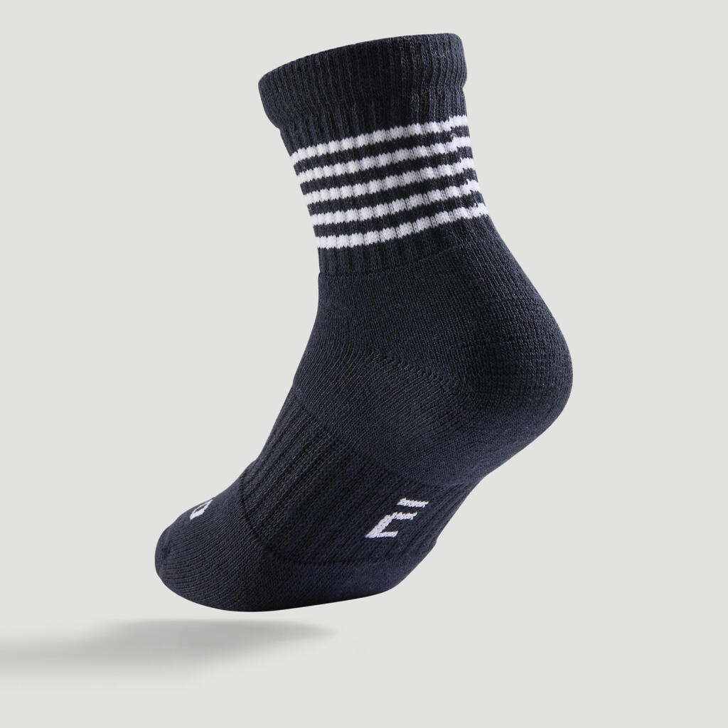 Detské športové ponožky RS 500 vysoké 3 páry tmavomodré, biele, čierne
