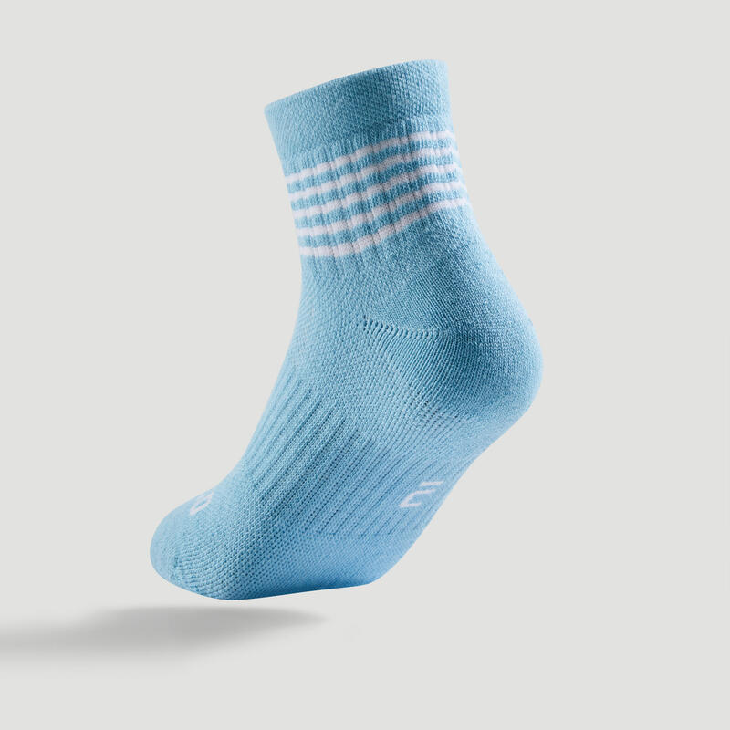 CHAUSSETTES DE SPORT ENFANT MI-HAUTES ARTENGO RS 500 BLEU LIGNES LOT DE 3