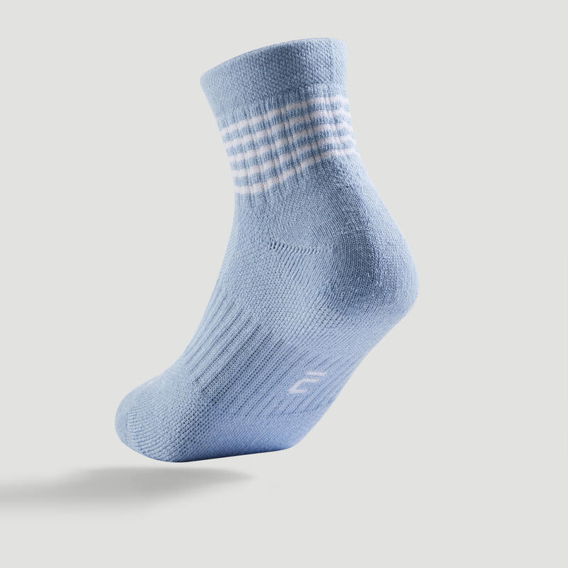 CHAUSSETTES DE SPORT ENFANT MI-HAUTES ARTENGO RS 500 BLEU LIGNES LOT DE 3