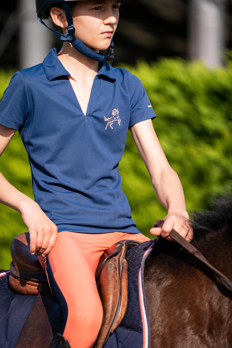 Kinderpolo met korte mouwen voor paardrijden 500 mesh blauwgrijs
