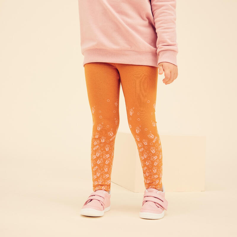 Kids' Basic Cotton Leggings - Ochre/Pink with Motifs