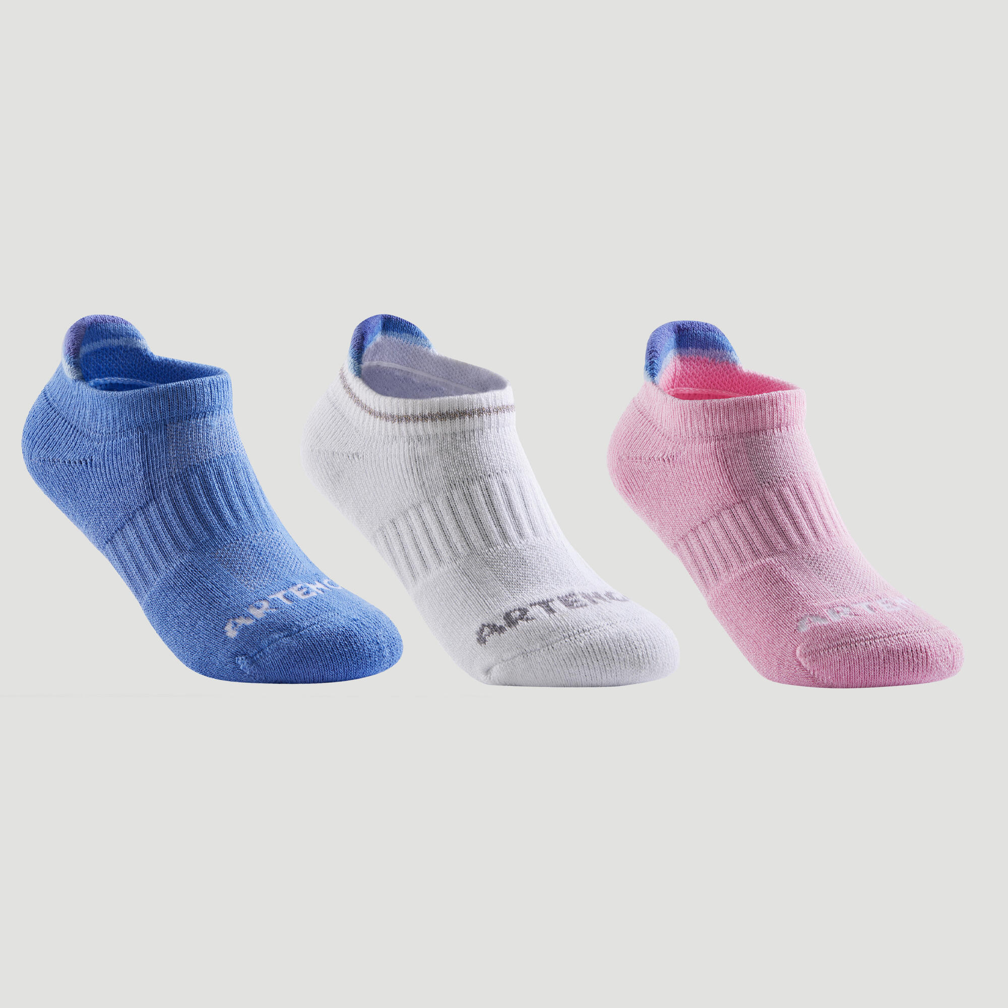 ARTENGO Kids' Low Tennis Socks Tri-Pack RS 500 - Blue/White/Pink