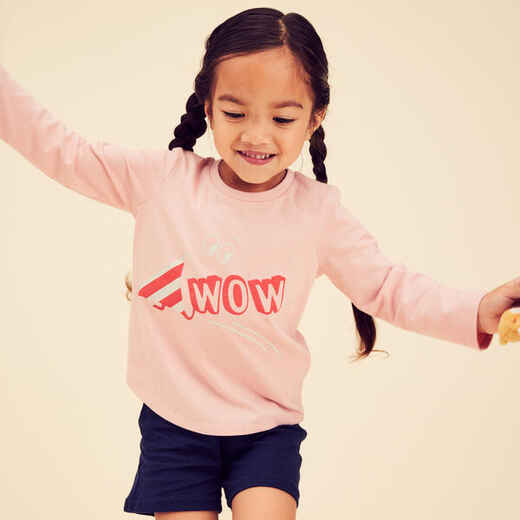 
      Kids' Basic Cotton Long-Sleeved T-Shirt - Pink with Motifs
  