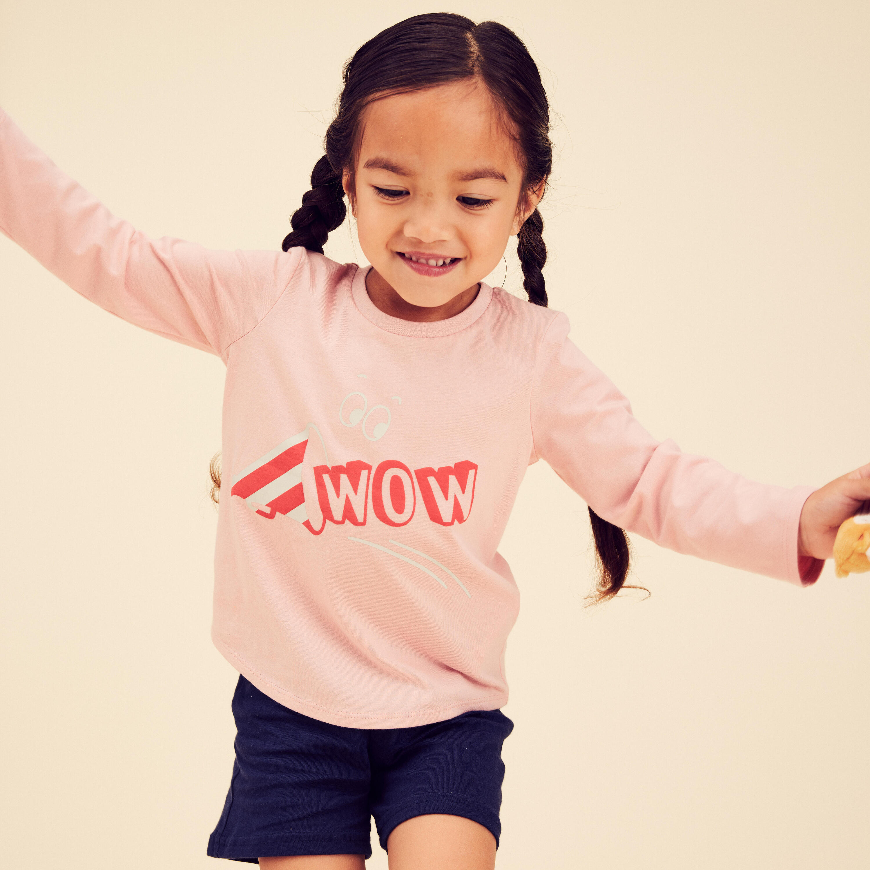 DOMYOS Kids' Basic Cotton Long-Sleeved T-Shirt - Pink with Motifs