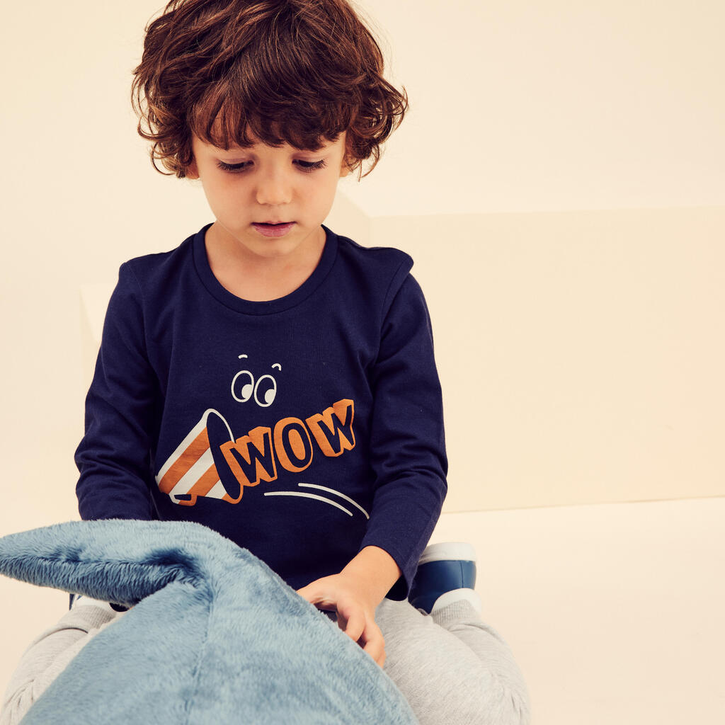 Kids' Long-Sleeved Cotton T-Shirt Basic - Navy Blue with Pattern
