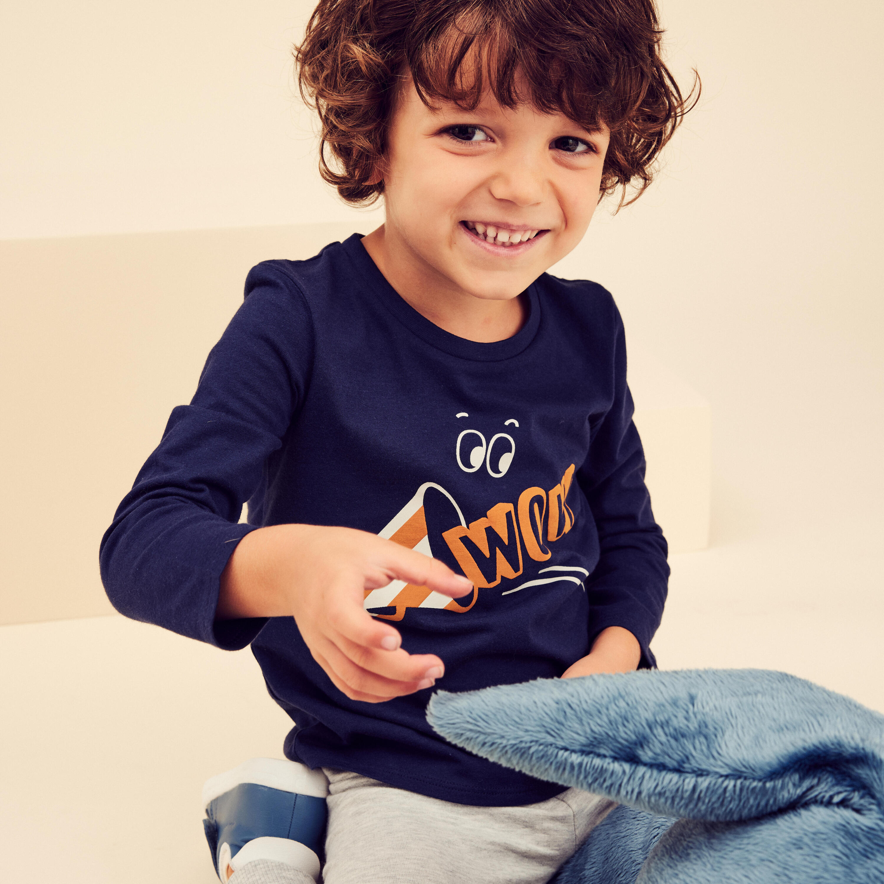 Kids' Long-Sleeved Cotton T-Shirt Basic - Navy Blue with Pattern 2/6