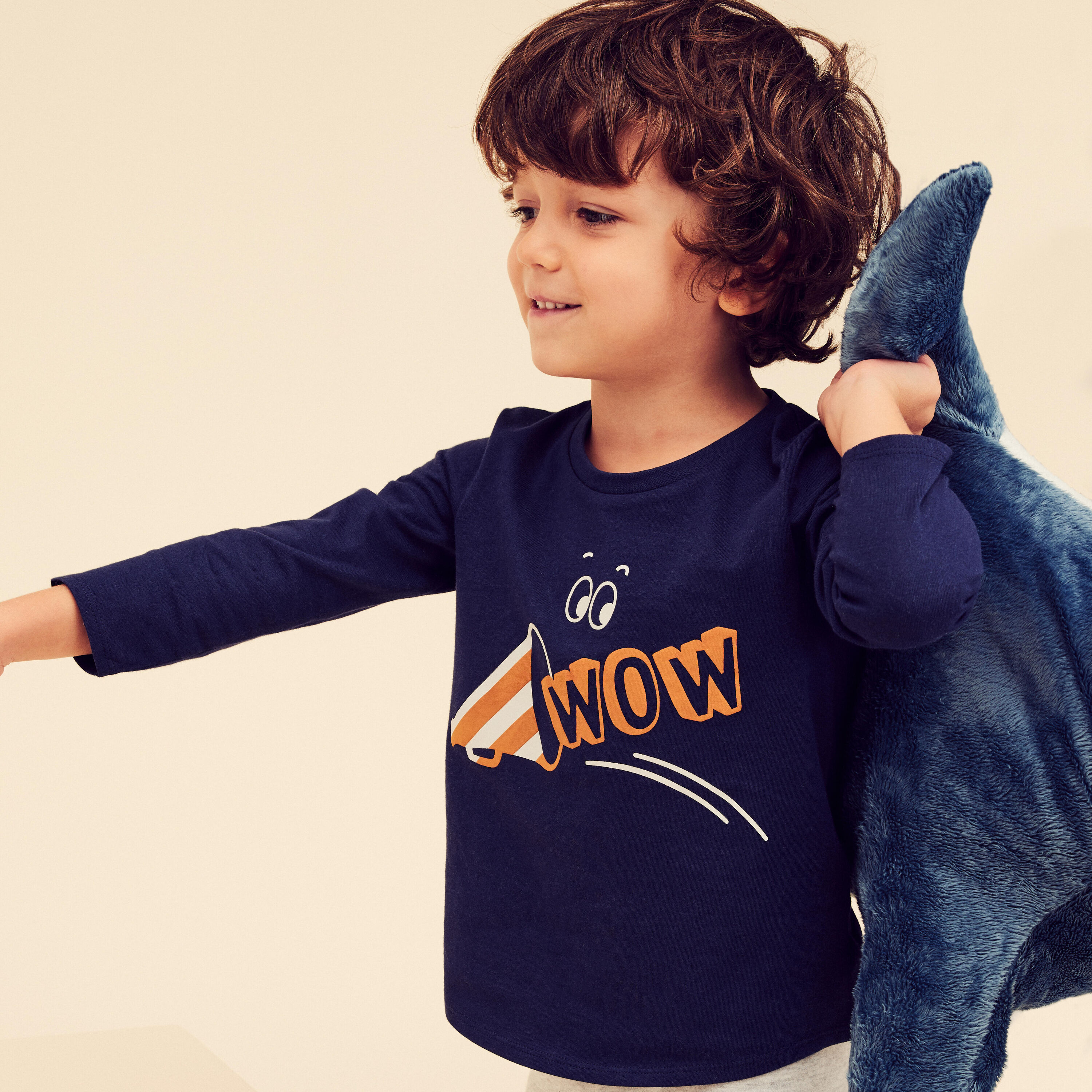 DOMYOS Kids' Long-Sleeved Cotton T-Shirt Basic - Navy Blue with Pattern