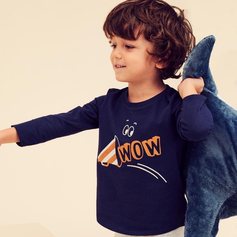 Basic shirt voor kinderen lange mouwen katoen marineblauw met opdruk