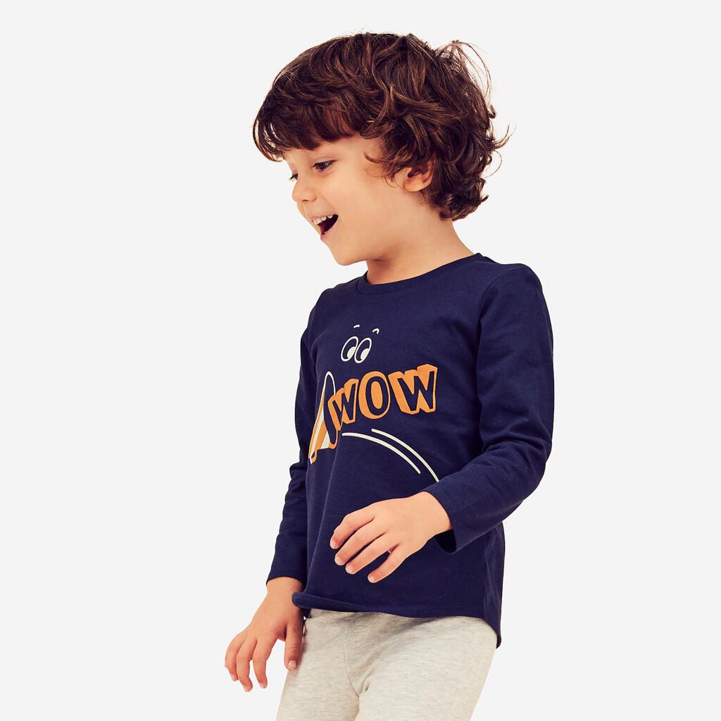 Kids' Long-Sleeved Cotton T-Shirt Basic - Navy Blue with Pattern