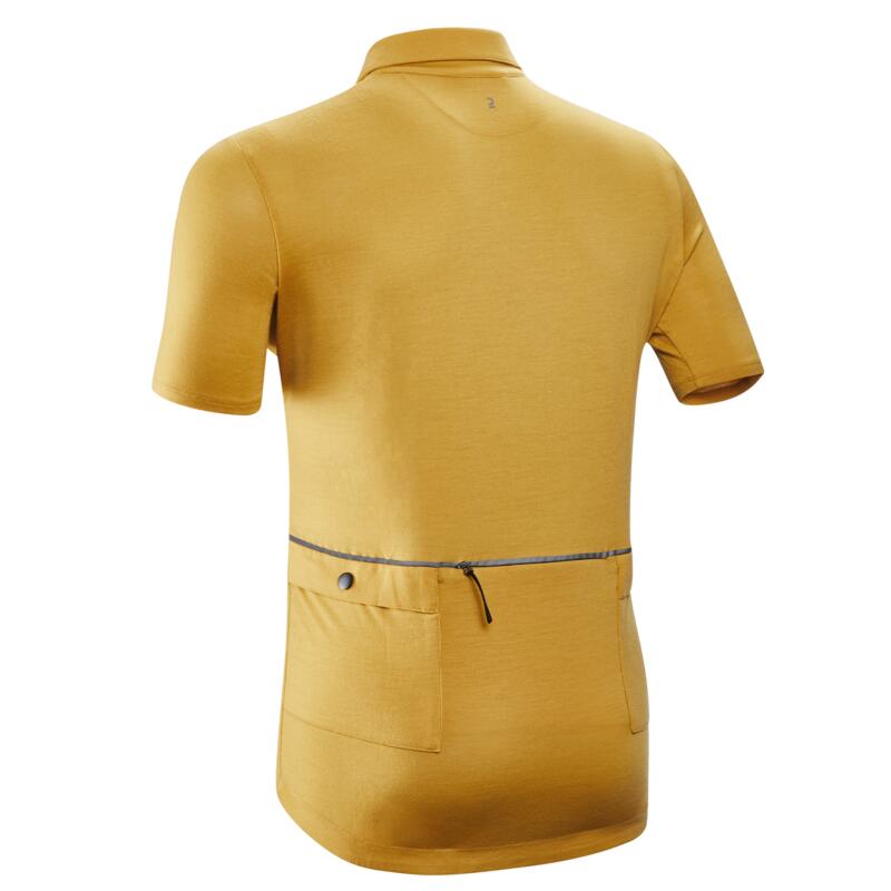 Polo laine Mérinos maillot vélo cycliste gravel et voyage ocre