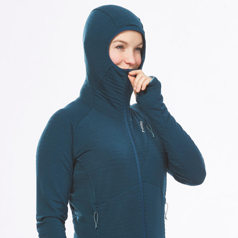 Pull technique à capuche en laine mérinos femme - ALPINISM Vert