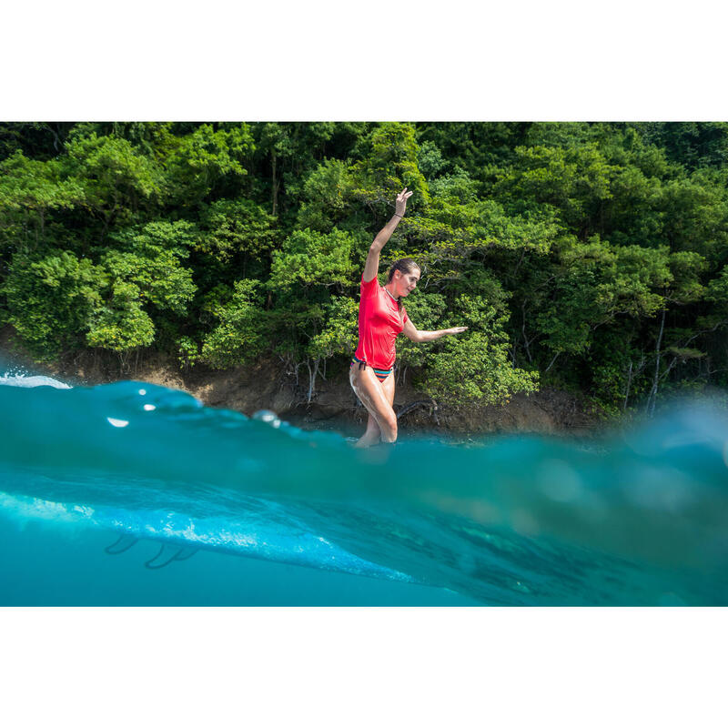 UV-werend surfshirt met korte mouwen voor dames koraalroze