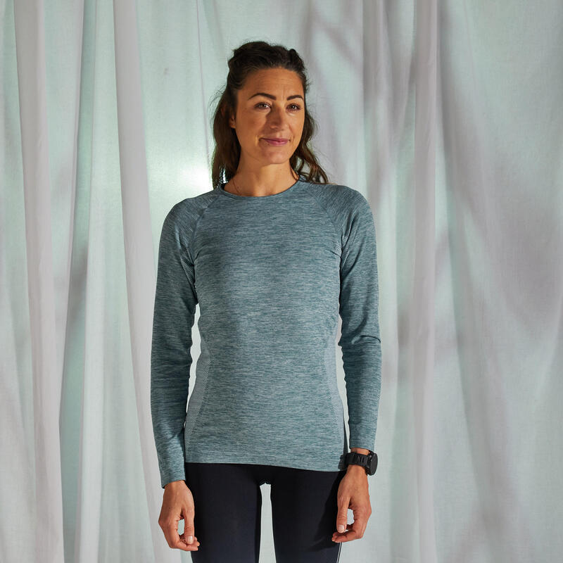 TEE SHIRT RUNNING MANCHES LONGUES FEMME RESPIRANT KIPRUN SKINCARE LIGHT VERT KAK